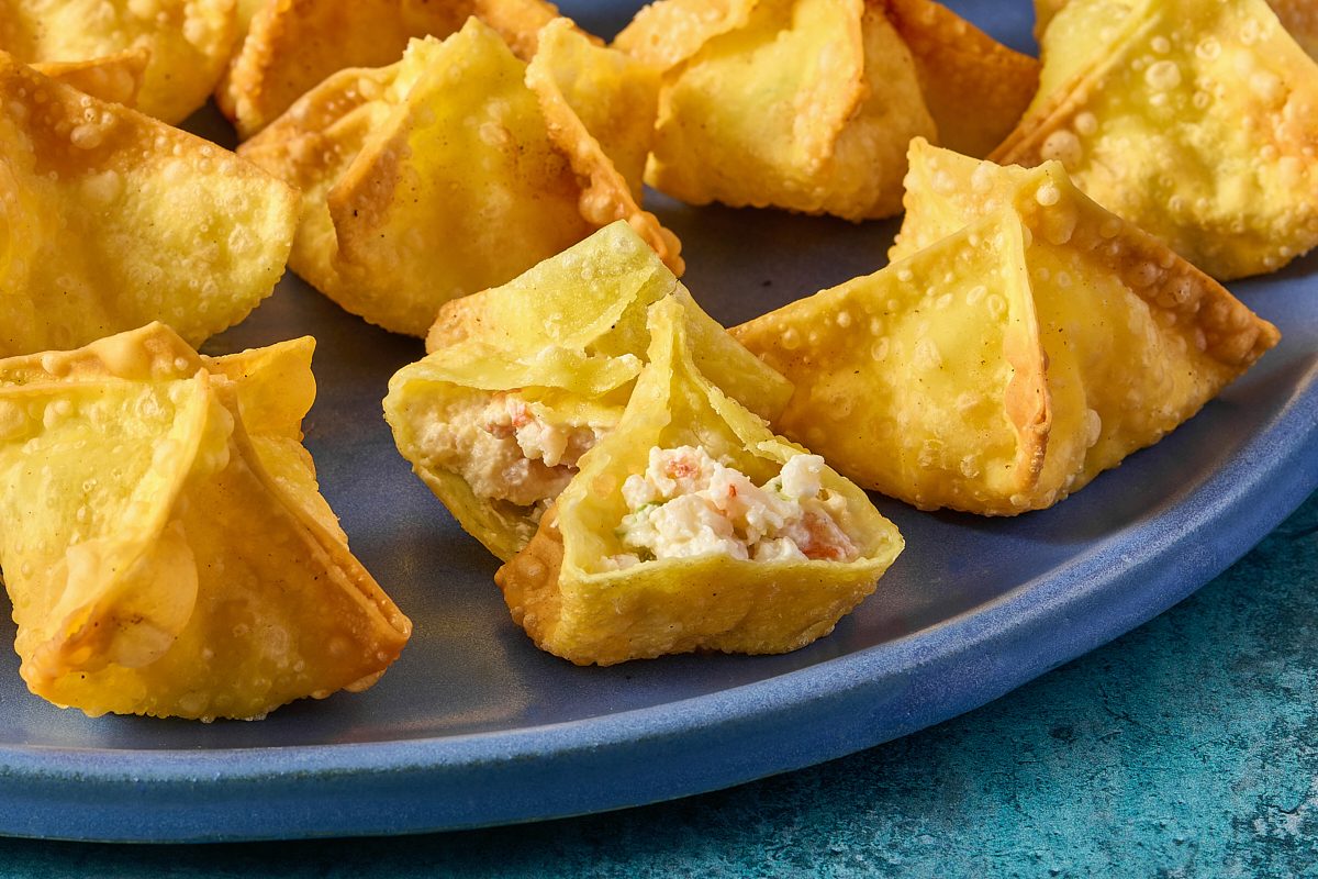 Closeup image of the filling of a shrimp rangoon