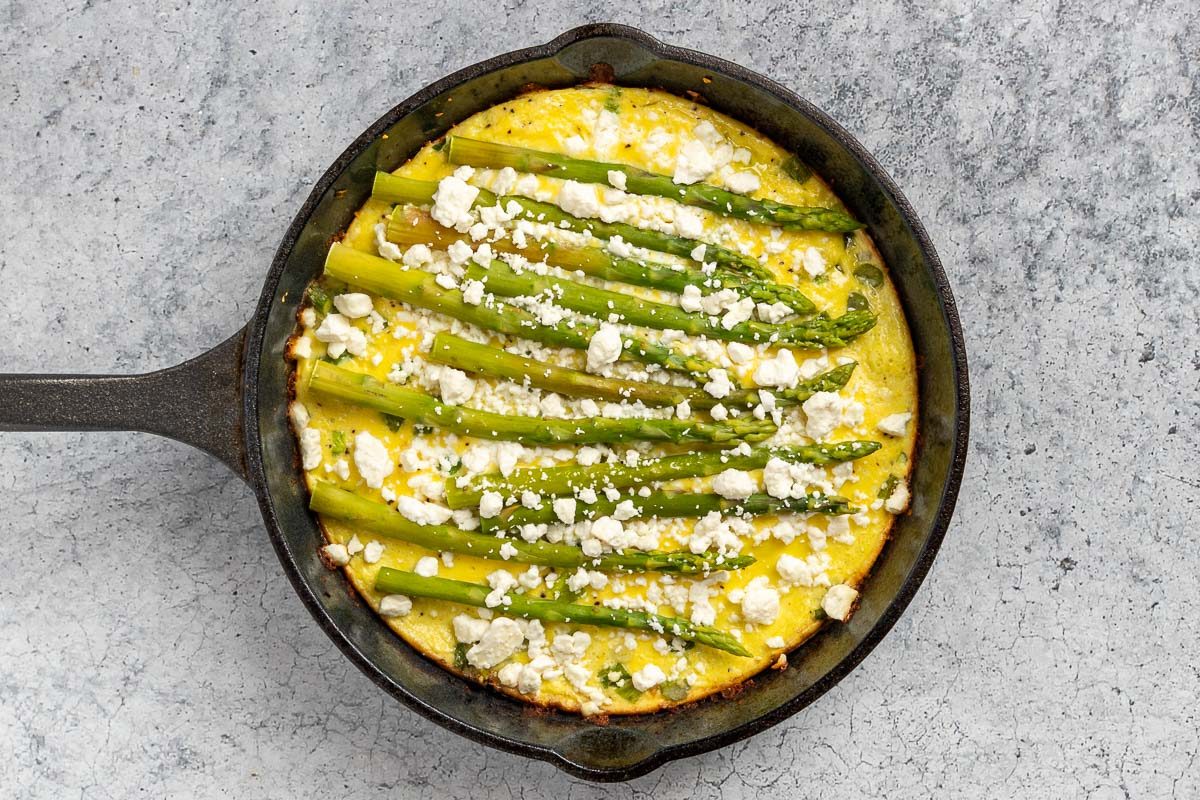 Taste of Home Asparagus Frittata recipe photo of the baked frittata in the skillet.