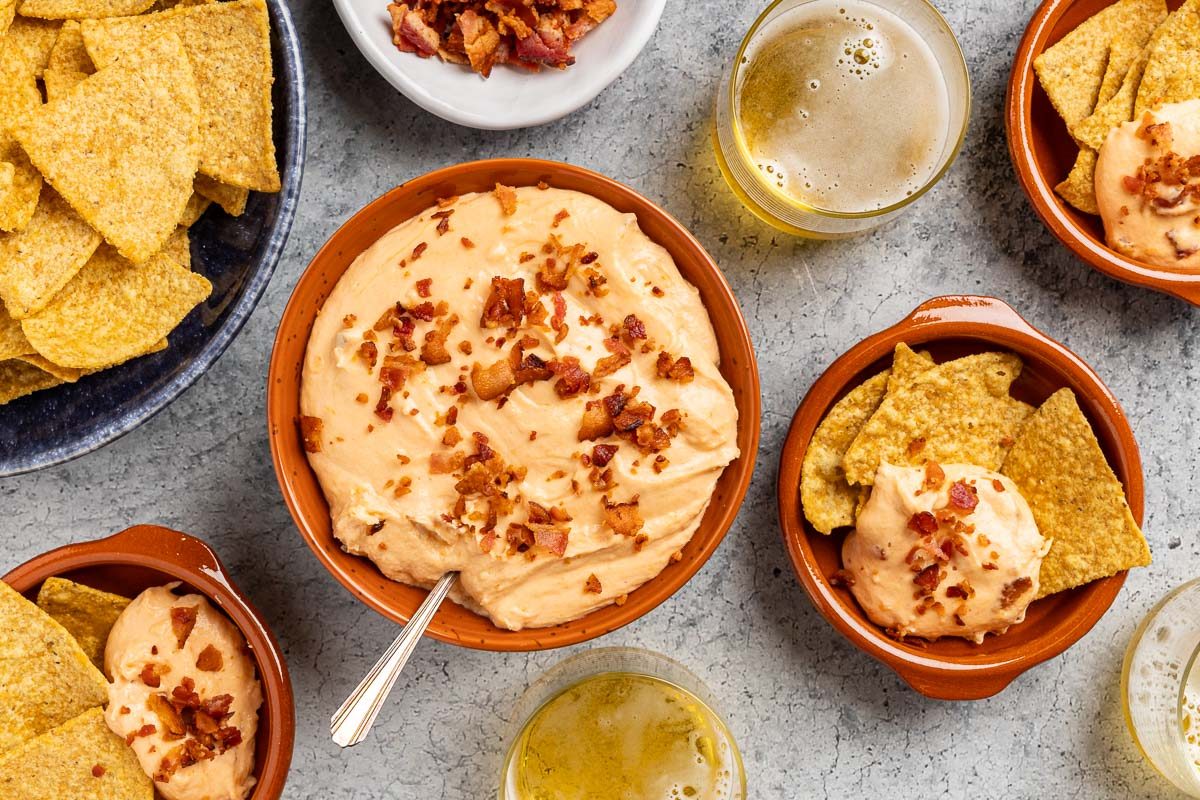 Taste of Home Bacon Dip recipe photo of the finished recipe set into a serving bowl. 