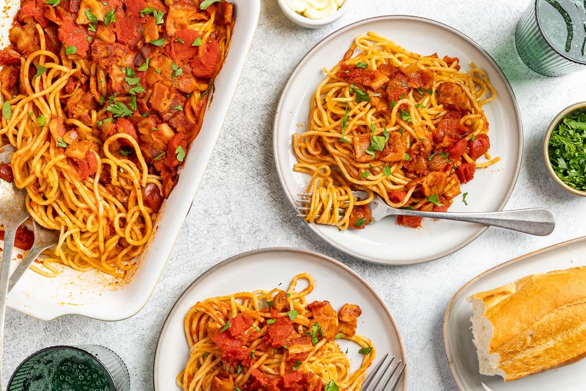 Taste of Home Bacon Pasta recipe photo of the finished recipe served on plates.