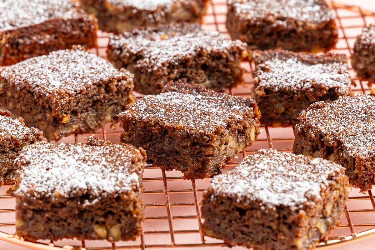 Taste of Home Banana Brownies recipe photo of finished brownies cut into squares.