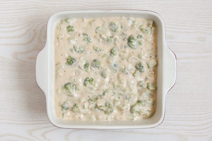 Broccoli rice casserole ready to bake