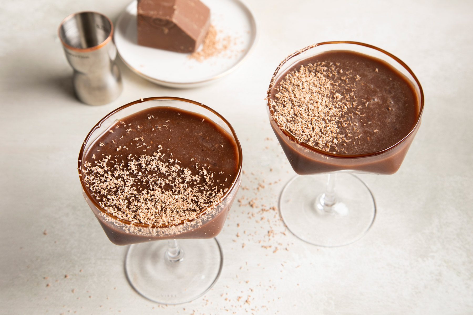 Top view of Chocolate Espresso Martini in two glasses.