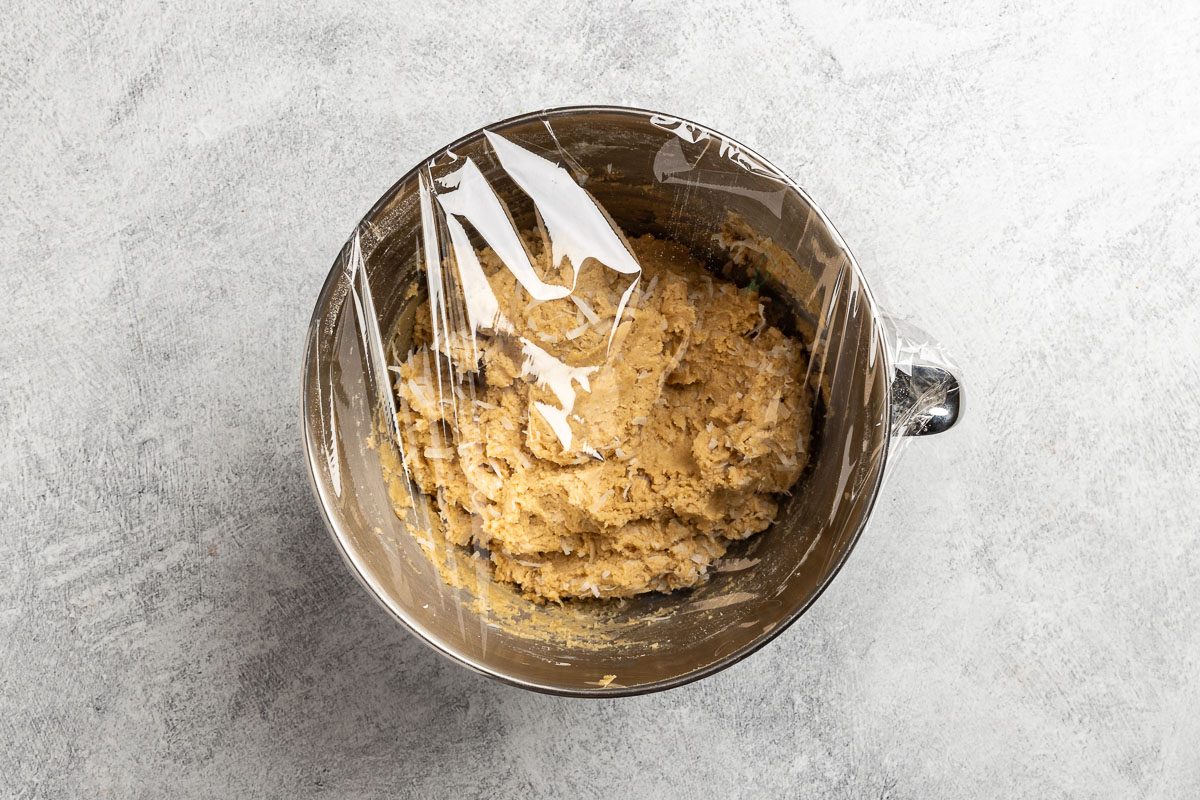 Taste of Home Coconut Cookies recipe photo of the covering the dough to chill in the fridge.