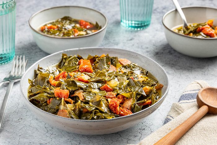 Taste of Home Collared Greens with Bacon recipe photo of the finished recipe served into bowls.