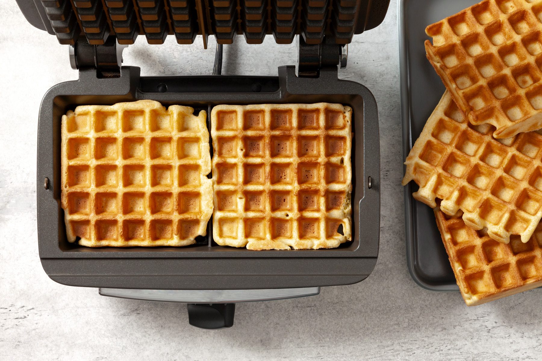 Top view shot of golden brown waffles