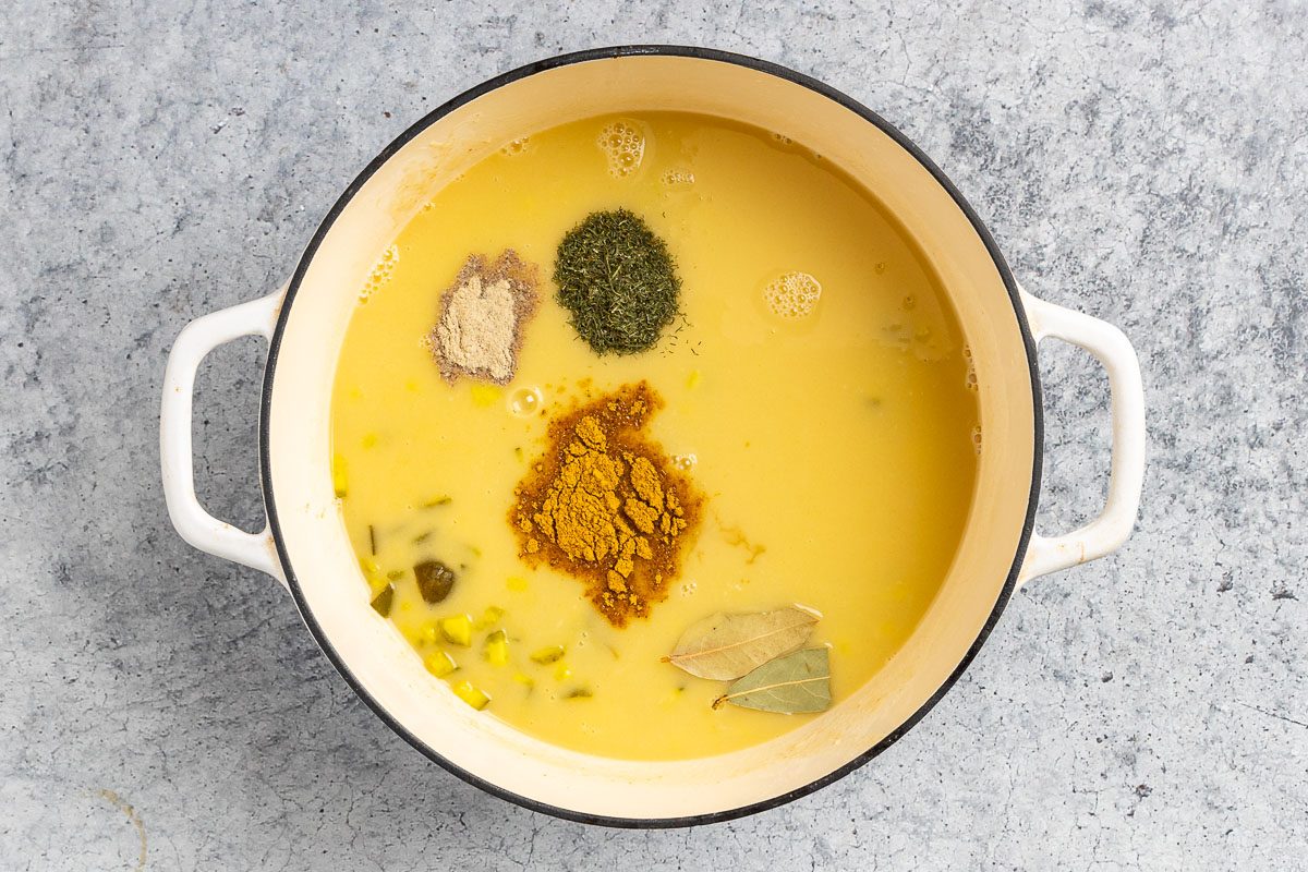 Taste of Home Dill Pickle Soup recipe photo of the rest of the ingredients added to the soup.