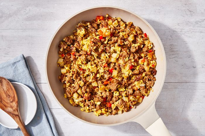 Freezer Breakfast Burritos Step 1- prepared sausage/ egg filling in skillet