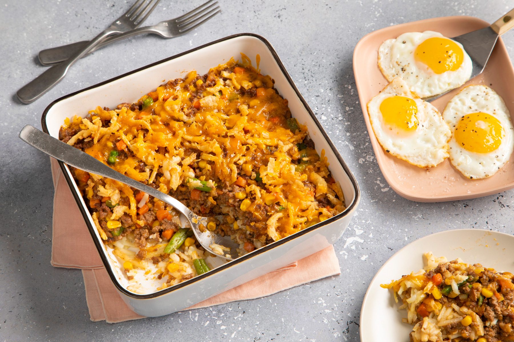 Hamburger Hash Brown Casserole top shot with eggs