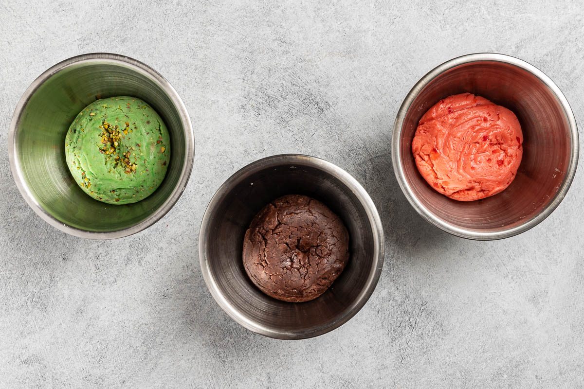 Taste of Home Italian Spumoni Cookies recipe photo of each portion flavored and tinted.