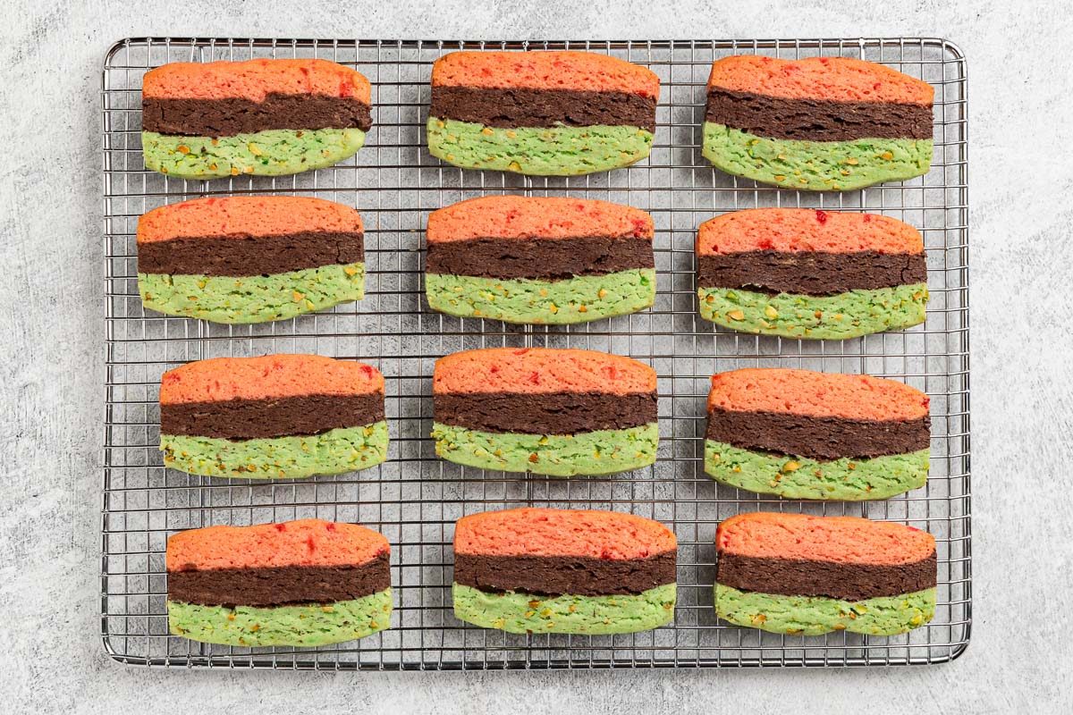 Taste of Home Italian Spumoni Cookies recipe photo of the baked cookies on a cooling rack.