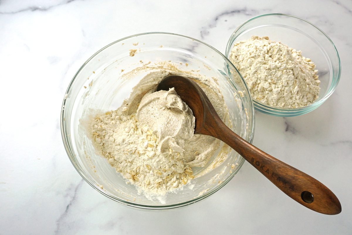 A bowl of oats and flour to make a crust for lemon cheesecake bars for Taste of Home RMS 15811