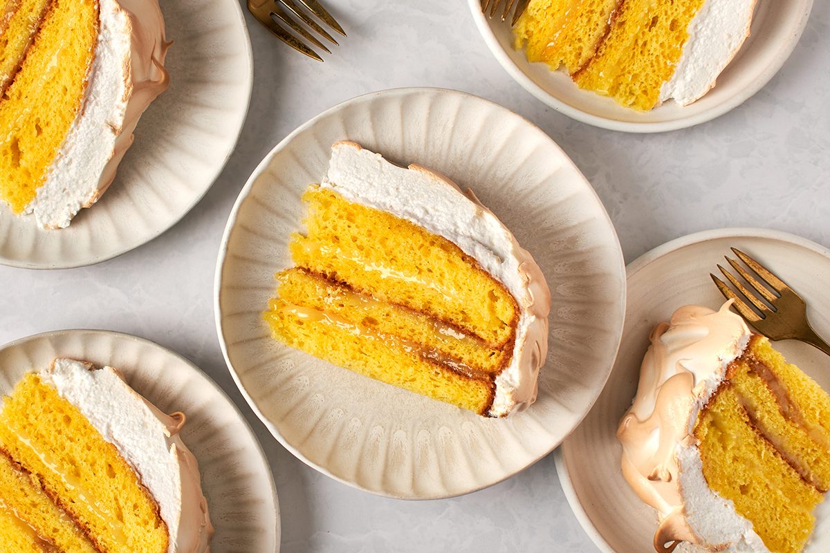 This lemon meringue cake by Taste of Home combines lemon's bright, zesty flavor with a fluffy, sweet meringue topping.