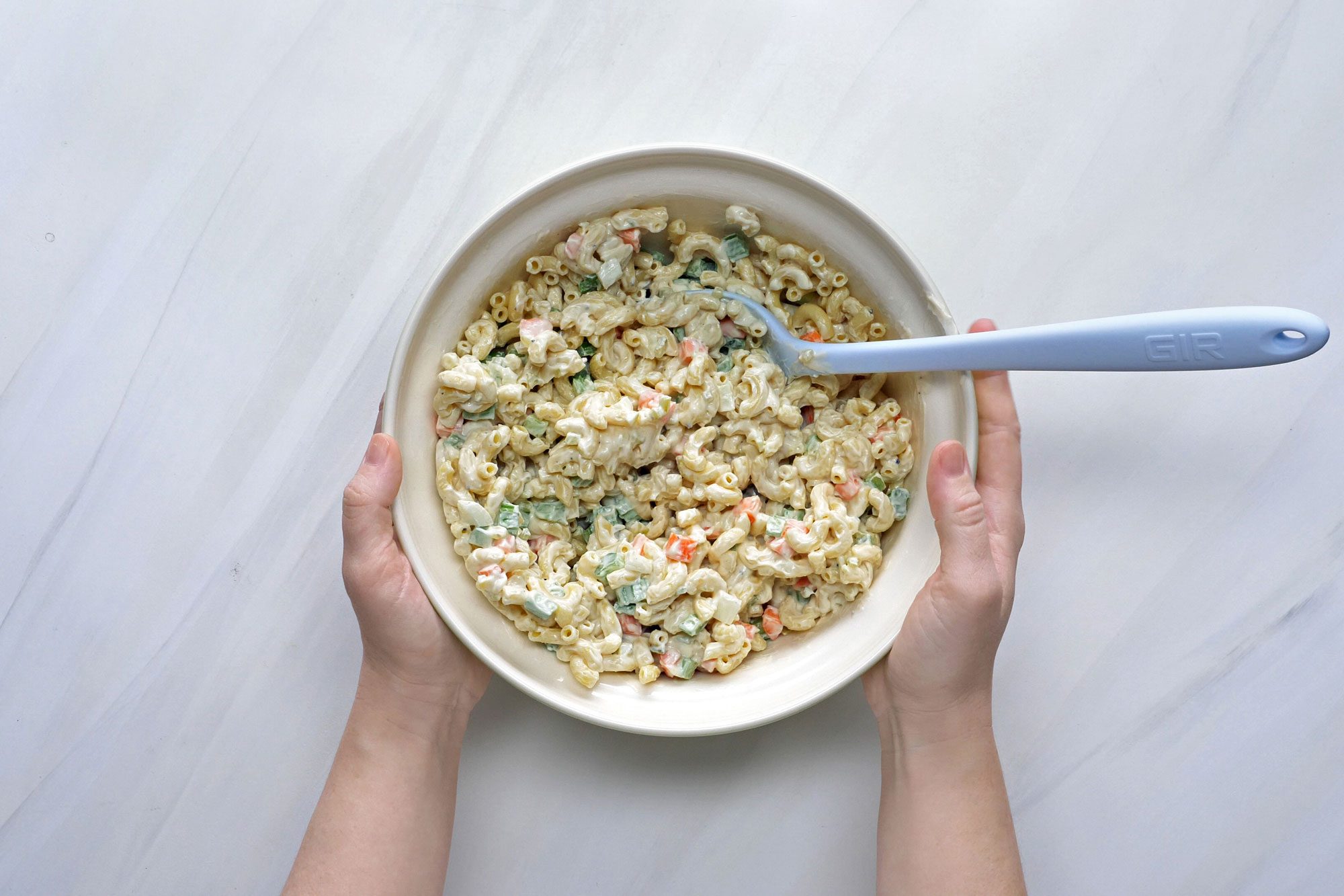 Mix all ingredients together with blue spatula in a large bowl