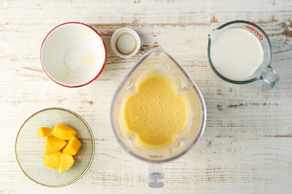 A how to image on how to mkae Taste of Home's no-churn Mango Ice Cream recipe.