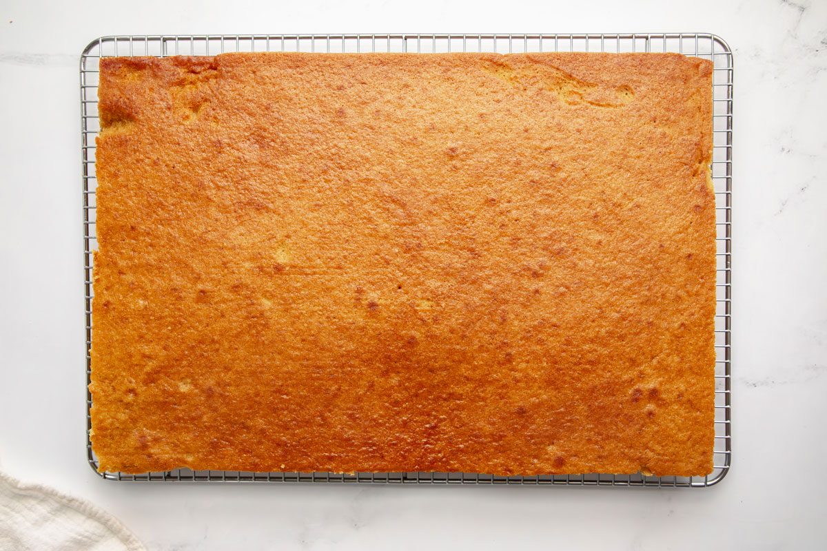 Overhead shot for Taste of Home Pumpkin Sheet Cake, cake cooling on a wire rack.