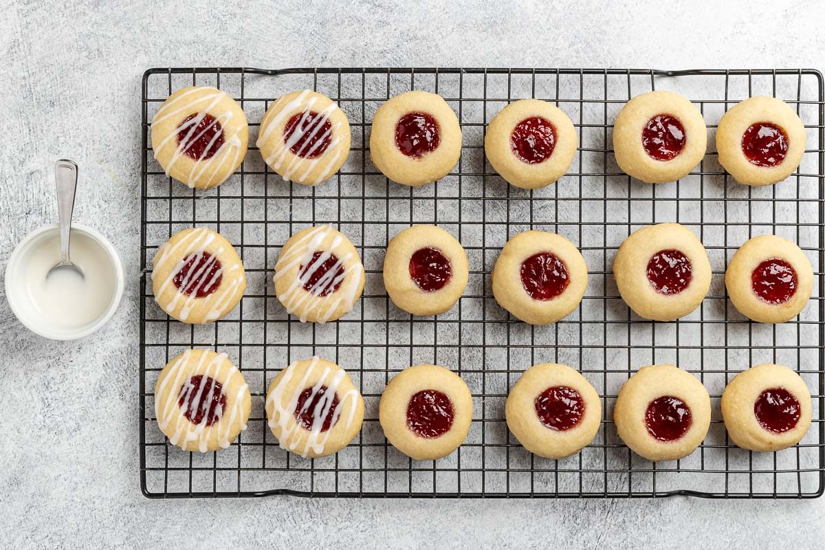 Taste of Home Raspberry Thumbprint cookies photo of the baked and glazed cookies.