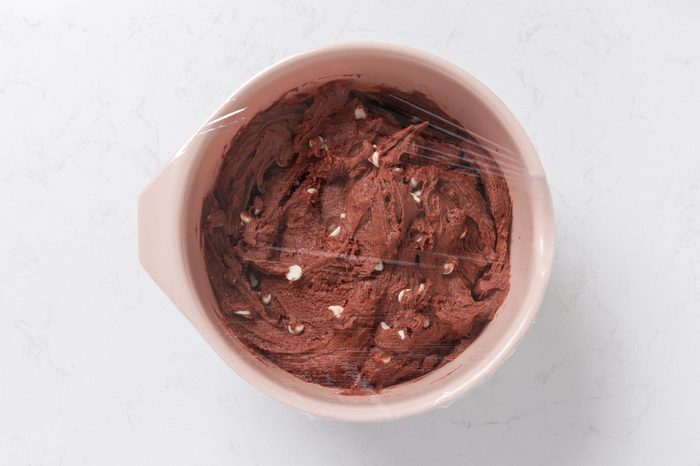 Cookie dough covered and ready to be refrigerated.