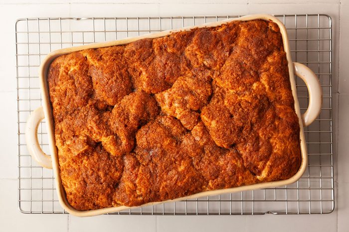 Step 4 of Taste of Home Rhubarb Coffee Cake is to Bake until a toothpick inserted in the center comes out clean, 45 to 50 minutes. Let the cake cool on a wire rack.