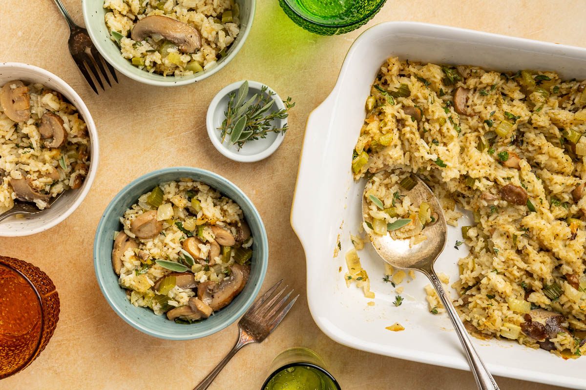Taste of Home Rice Dressing recipe photo of the finsihed recipe portioned out into bowls.