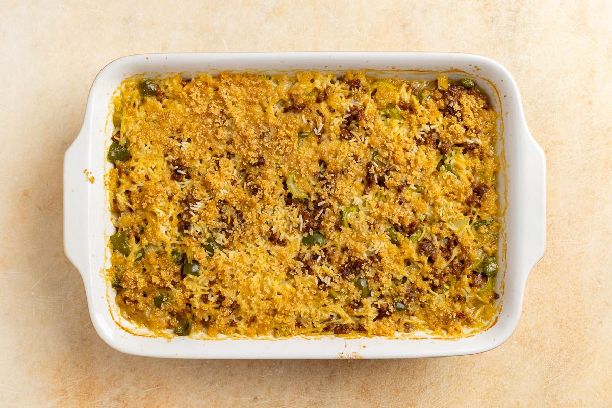 Taste of Home Sausage Rice Casserole recipe photo of the baked casserole topped with bread crumbs.