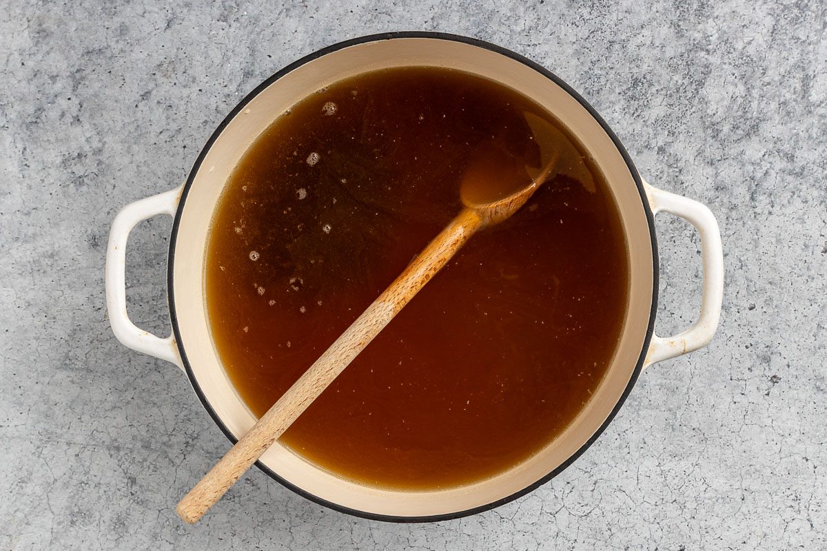 Taste of Home Thai Chicken Noodle Soup photo of the strained broth with brown sugar, fish sauce and lime juice.