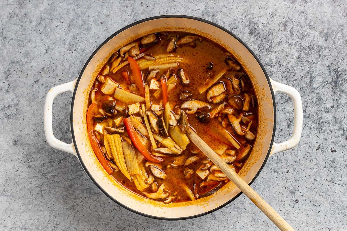 Taste of Home Thai Curry Soup recipe photo of the vegetable added to the dutch oven.