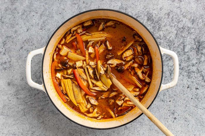 Taste of Home Thai Curry Soup recipe photo of the vegetable added to the dutch oven.