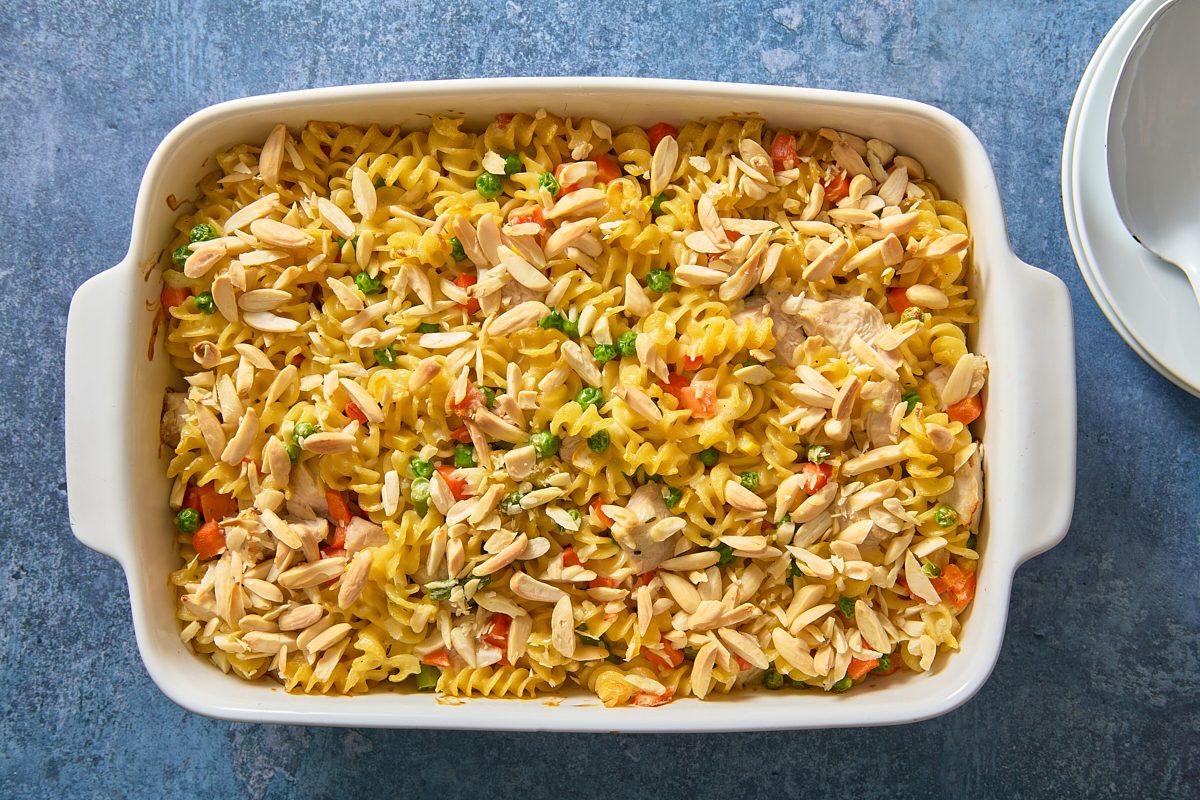Overhead shot of baked turkey casserole