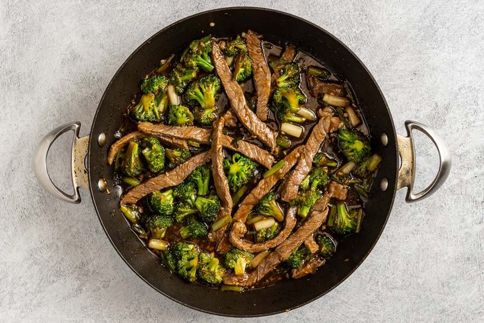 Taste of Home Beef with Broccoli Recipe photo of the all the ingredients cooked in the skillet.