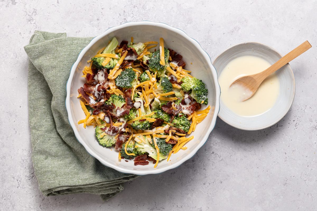 Bowls With Broccoli Salad And Mayonnaise Sauce
