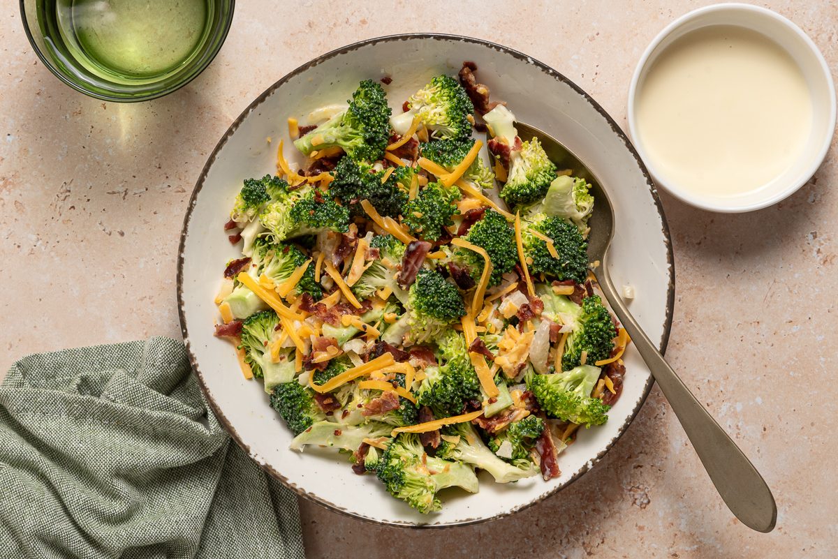 Closeup Of Plate With Broccoli Salad With Bacon