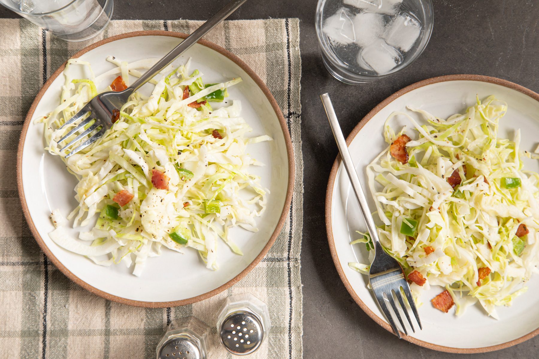 Cabbage Salad in two plates overhead shot