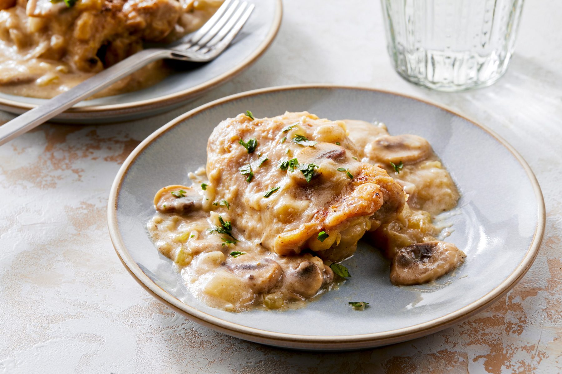 3/4th shot; white textured background; Two plates are showcased, each containing a portion of Chicken Fricassee; The sauce is a pale golden color, with visible mushrooms and a hint of herbs