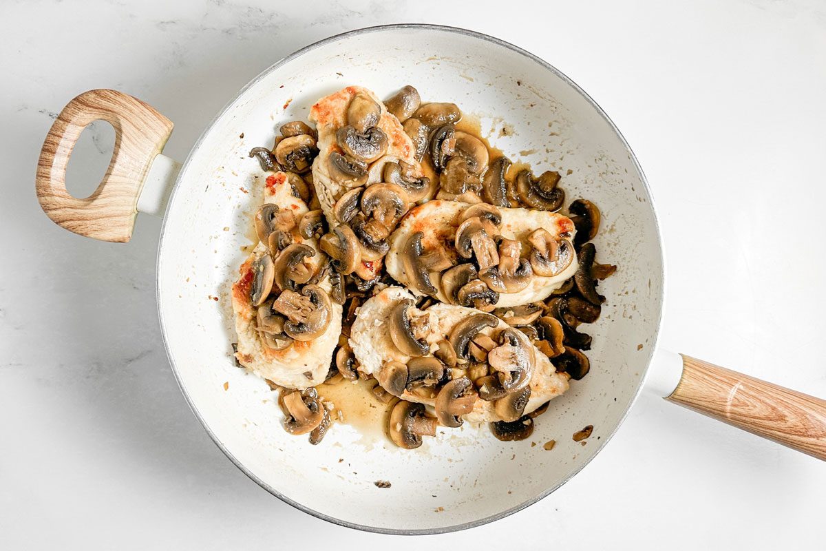Taste of Home Chicken Marsala in a white skillet
