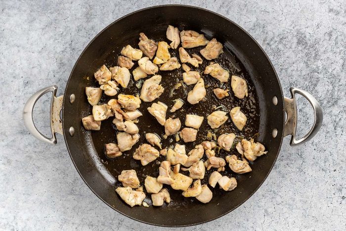 Taste of Home Chicken Pesto Pasta recipe photo of the browned chicken in a skillet.