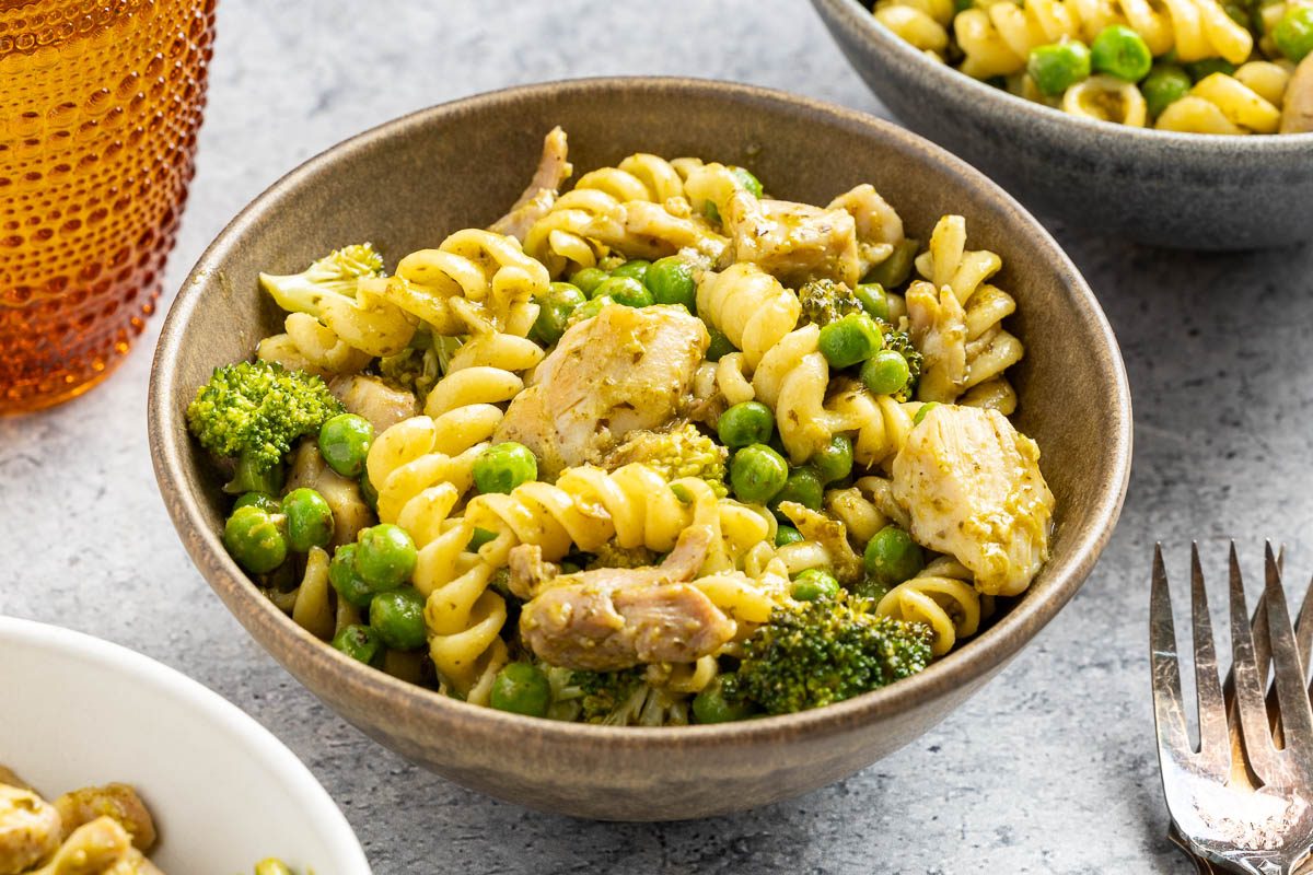 Taste of Home Chicken Pesto Pasta recipe photo of the finished recipe served in bowls.