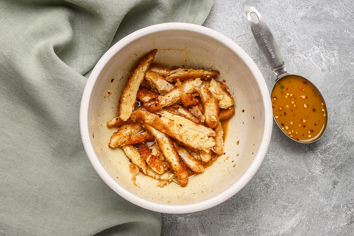 Chicken preparation for chicken tempura roll, a recipe from Taste of Home.