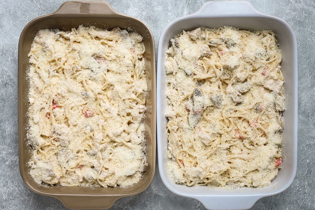 Two assembled chicken tetrazzini casseroles, ready to bake.