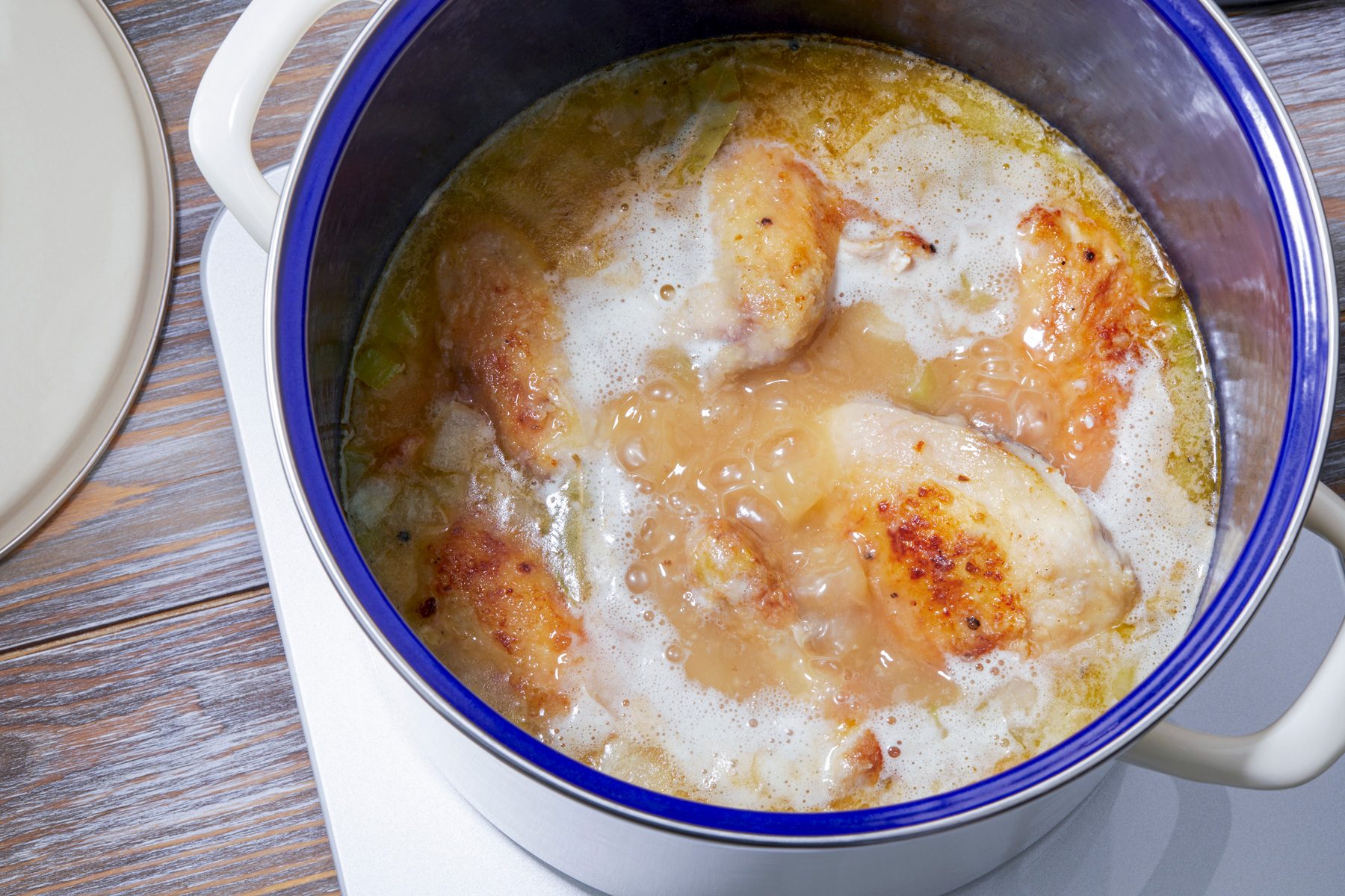 overhead shot; boiling the everything in the pan