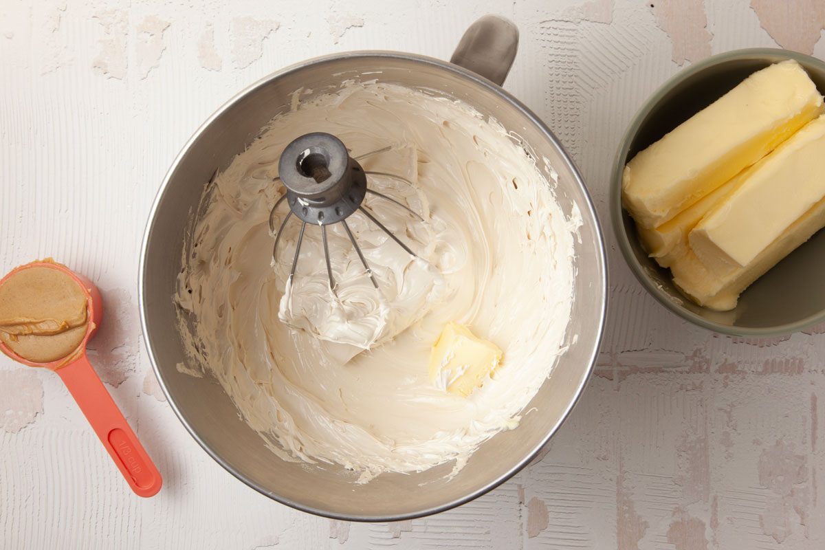 Step 6 of Taste of Home Chocolate Peanut Butter Cupcakes is to add the butter, 1 tablespoon at a time, beating well after each addition. If the mixture begins to look curdled, place the frosting bowl in another bowl filled with hot water for a few seconds. Continue adding butter and beating until smooth. Beat in the peanut butter for one to two minutes or until smooth