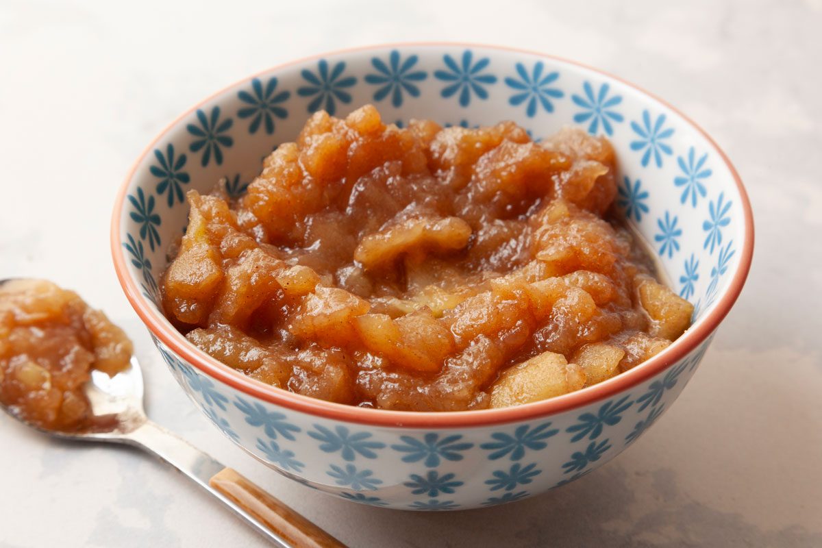 Single servings of Taste of Home Chunky Applesauce in small blue and white bowls