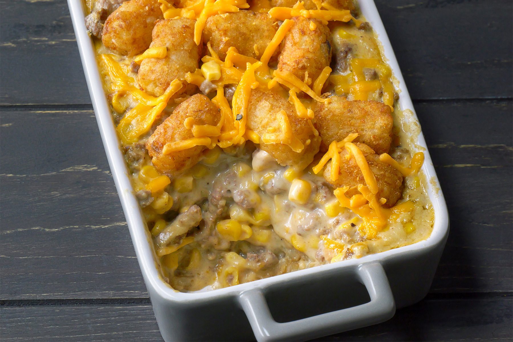 3/4th shot of cowboy casserole in a baking dish