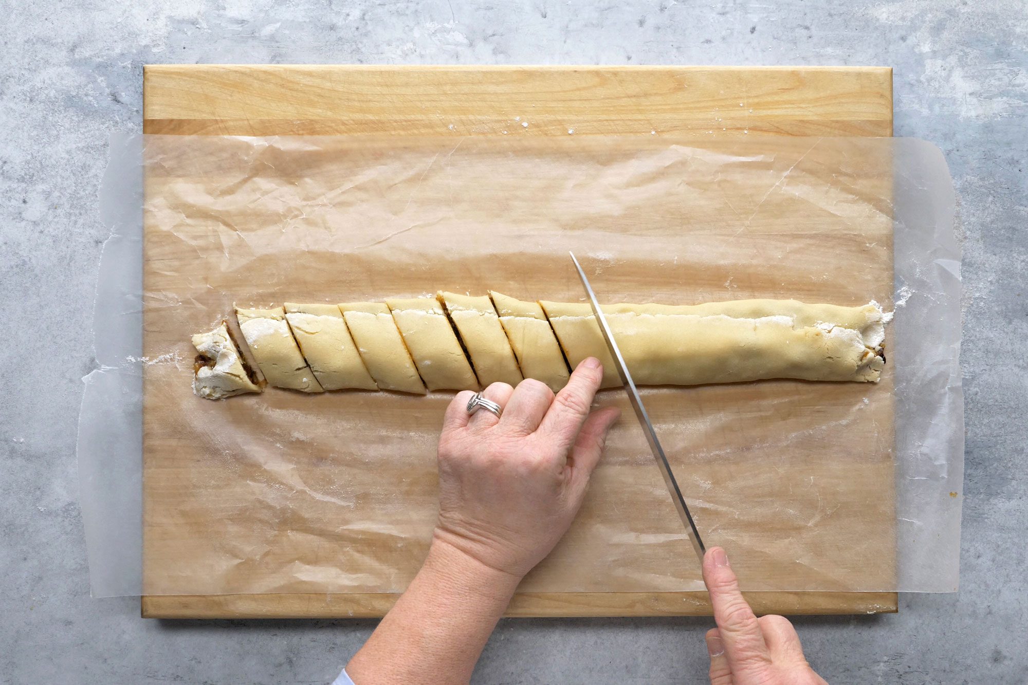 Cut each rectangle diagonally into 1-in. strips