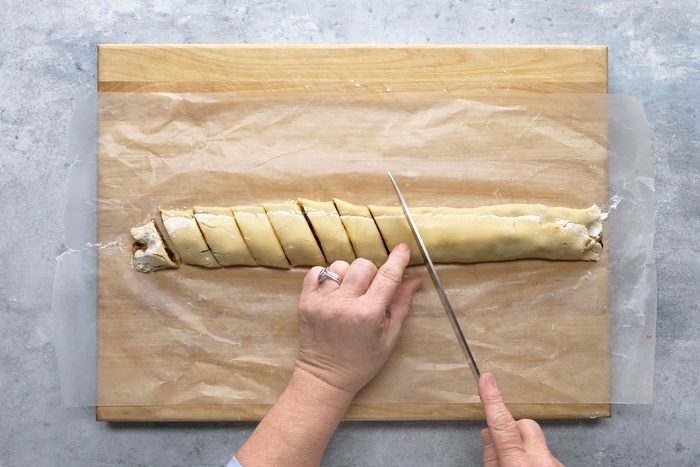 Cut each rectangle diagonally into 1-in. strips