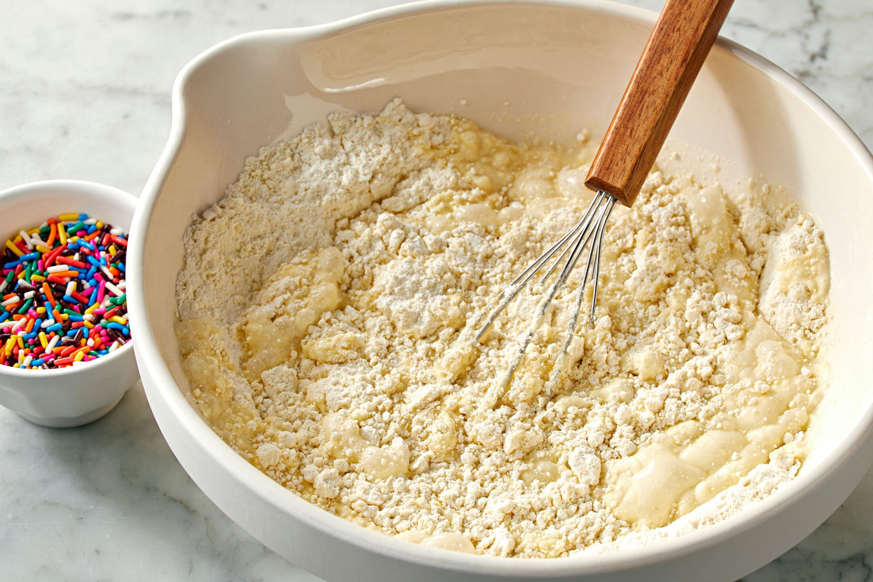 Cake mix, pancake mix, milk, eggs and vanilla mixed together.