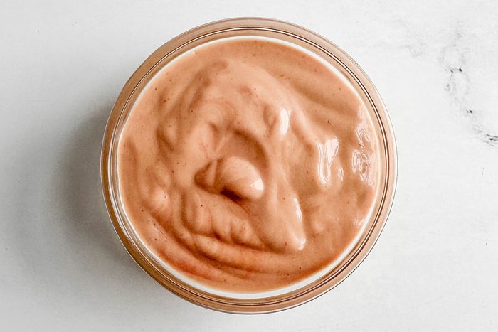 Burger sauce for Taste of Home Lentil Burger in a glass dish