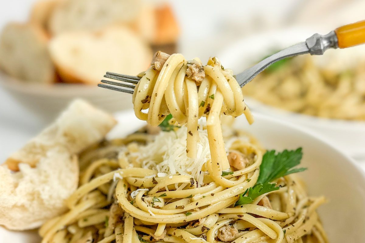 Taste of Home Linguine with Clam Sauce in a white ceramic bowl