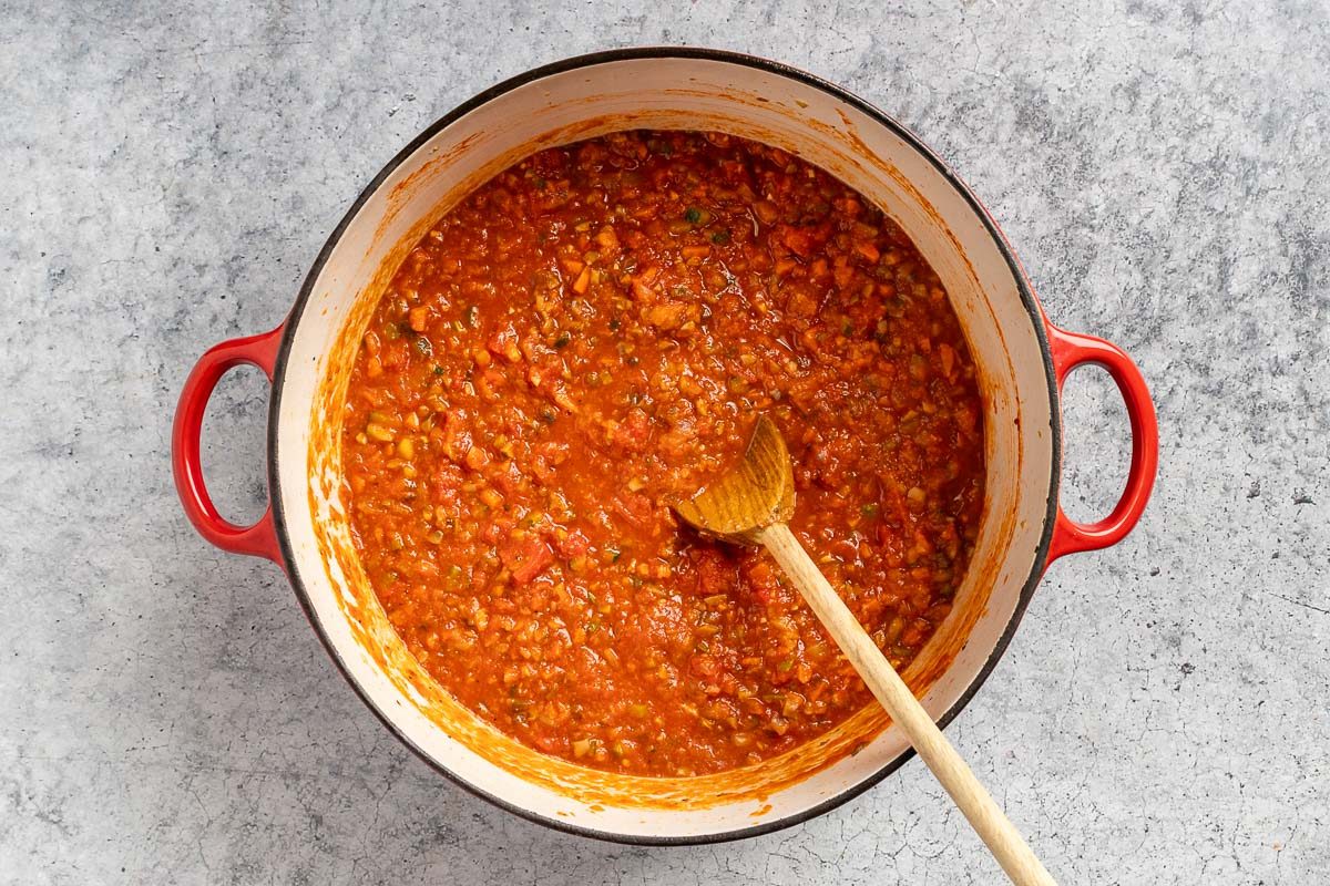 Taste of Home Mushroom Bolognese recipe photo of simmering the sauce.