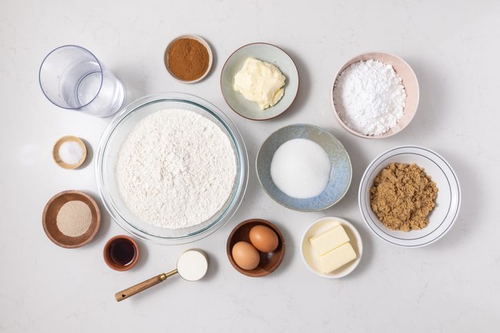 Ingredients for overnight cinnamon rolls on kitchen counter.